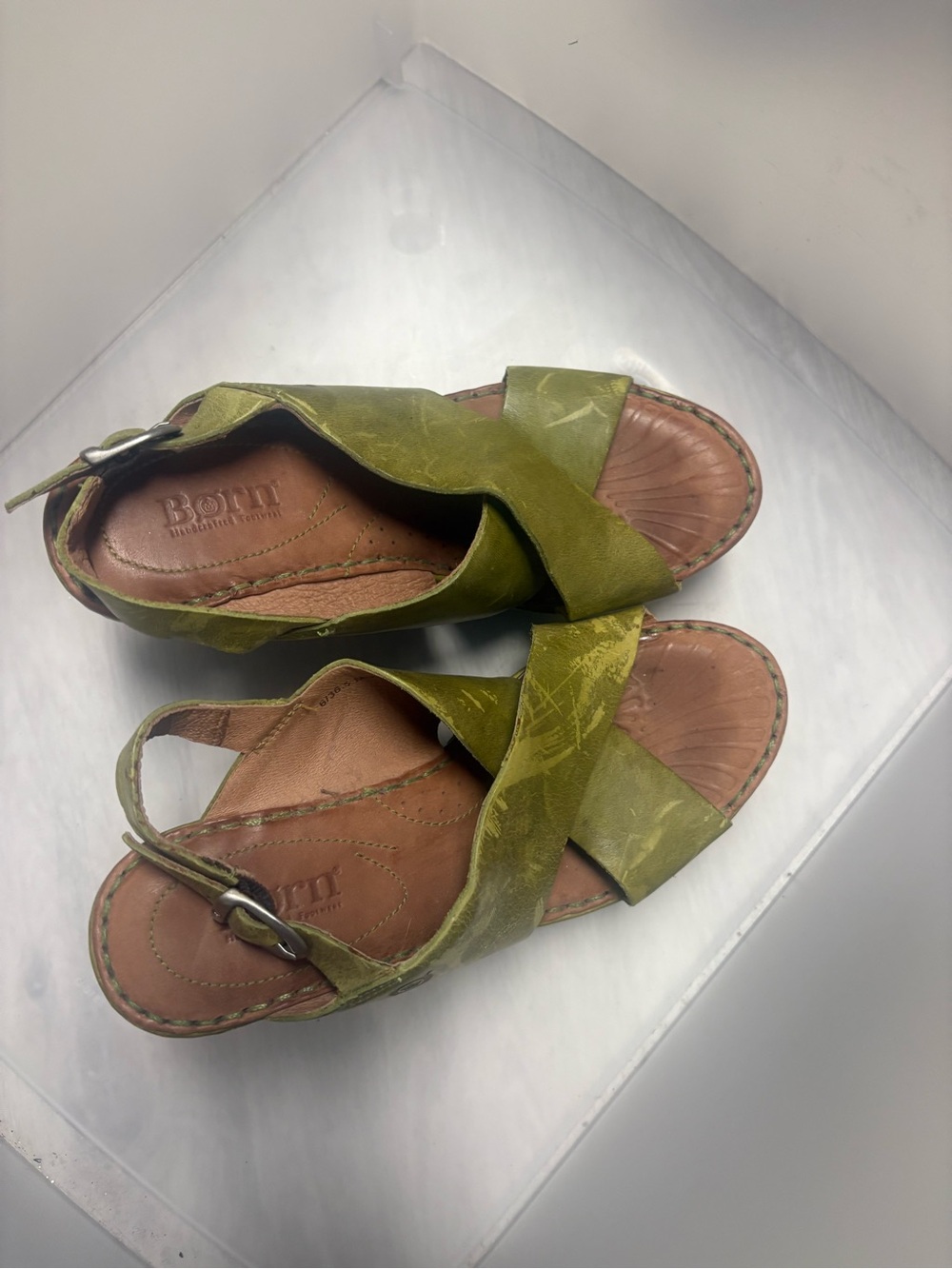 Born Olive Green Leather Crisscross Buckle Sandals